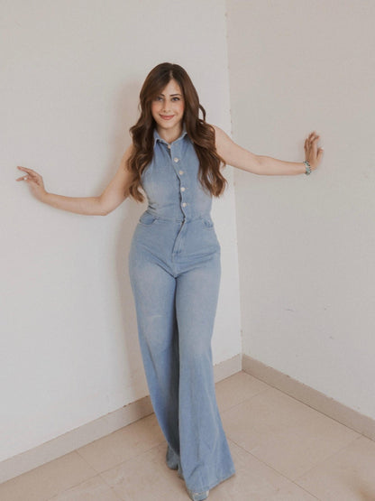 Halterneck Backless Denim Jumpsuit