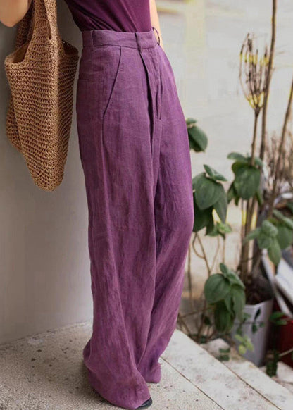 Organic Purple Pockets High Waist Linen Wide Leg Pants Fall An1019