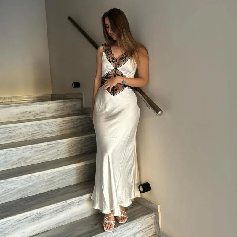 Lace Backless Hollow Maxi Dress for V Neck Patchwork Print High Waist Party Dress Female Long Dress
