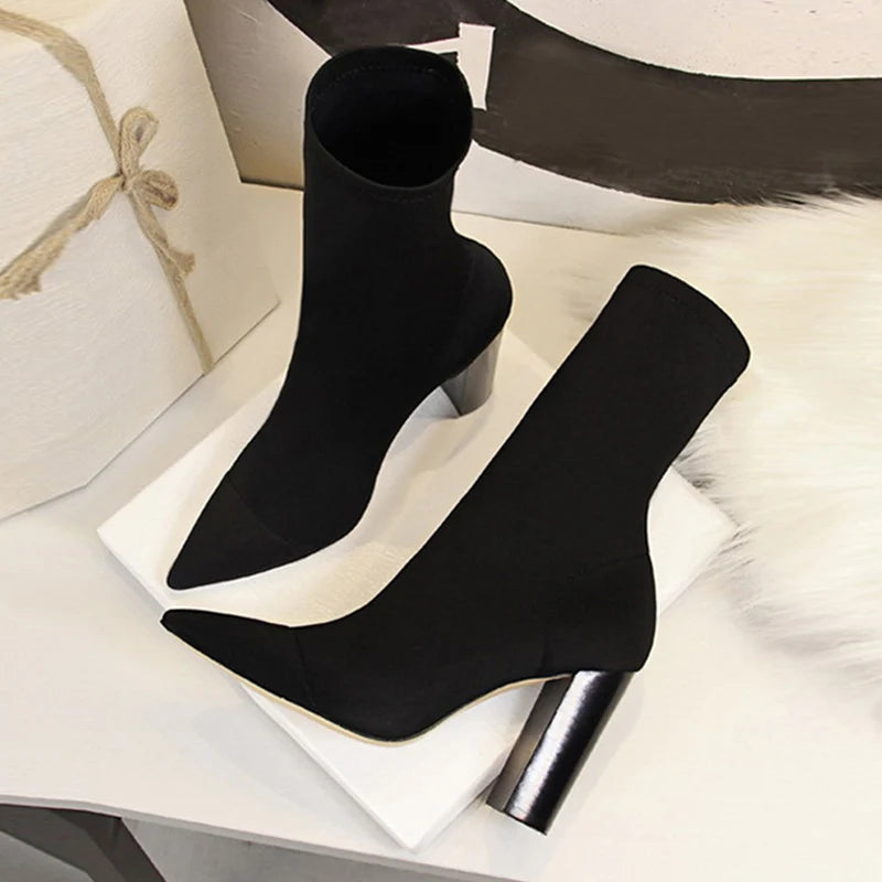 Size 42 43 Ankle Boots Square High Heels Pumps Fall Comfort Stretch Fabric Sock Boot Femme Party Dress Shoes
