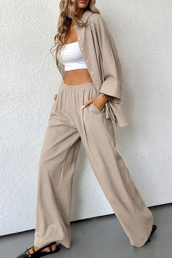 Color Loose Shirt and Elastic Waist Pocket Wide Leg Pants Set