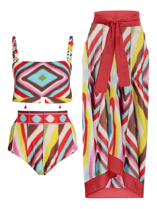 Colorblock Print Bikini Set and Skirt