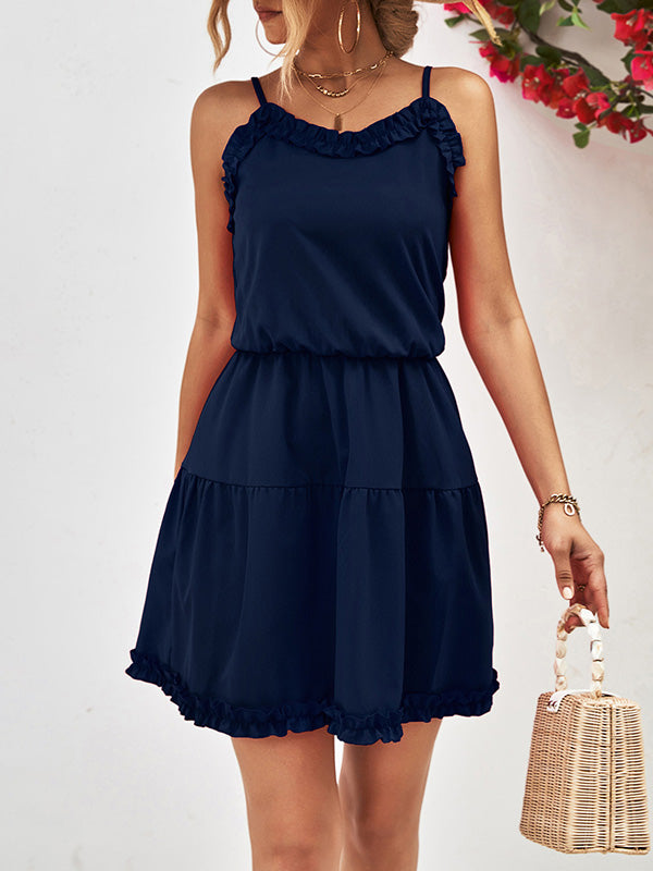 Loose Sleeveless Falbala Color Spaghetti-neck Mini Dresses