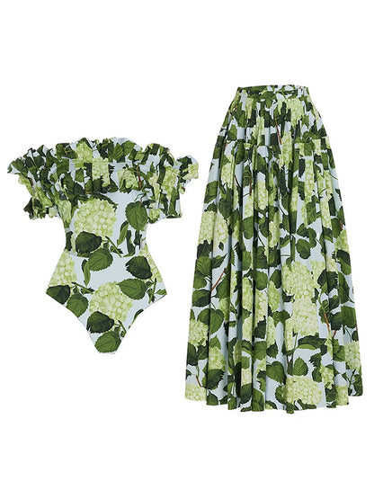 Print One Piece Swimsuit and Skirt