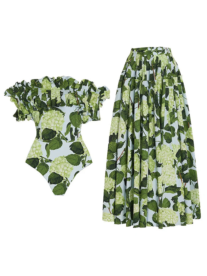 Print One Piece Swimsuit and Skirt