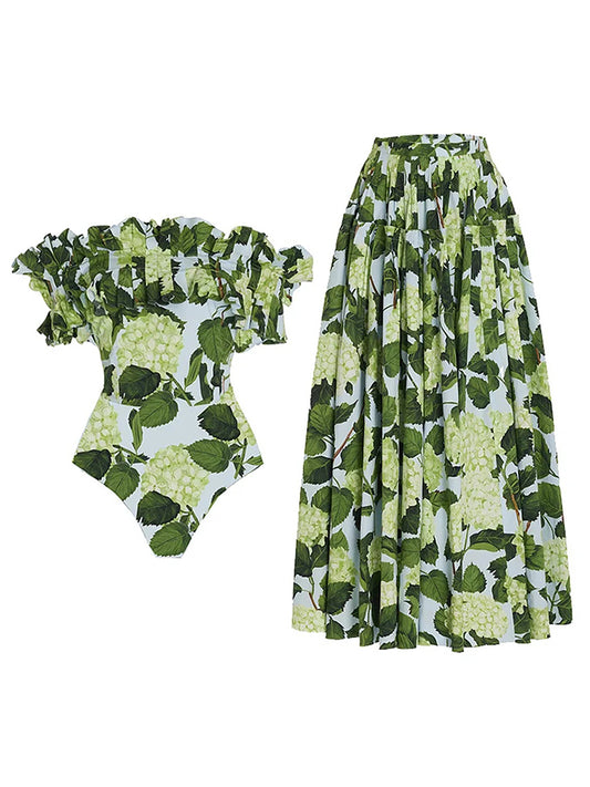 Print One Piece Swimsuit and Skirt