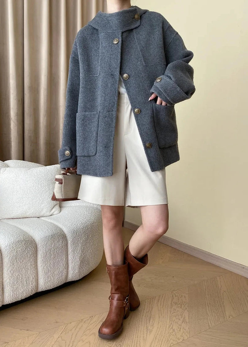 Wool-blend Buttoned Coat With Stand Collar