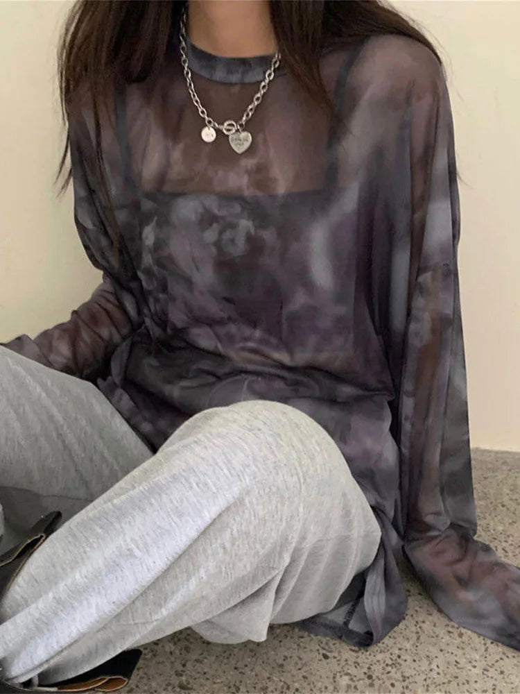 T-shirt Tie Dye Long Sleeve Spring Loose High Street Stylish Thin Leisure Minimalist Harajuku Ins Comfortable