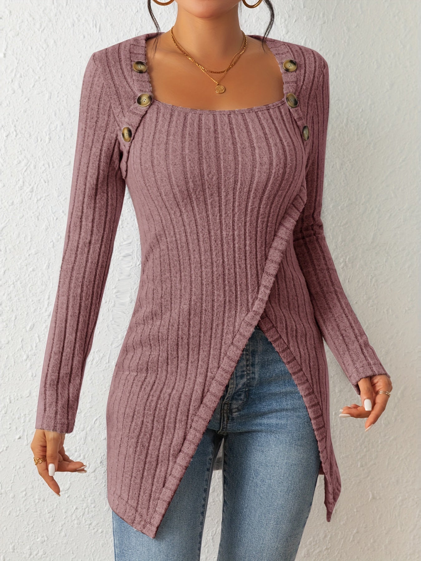 Ribbed Button Decor Asymmetrical Hem T-shirt Rd0210