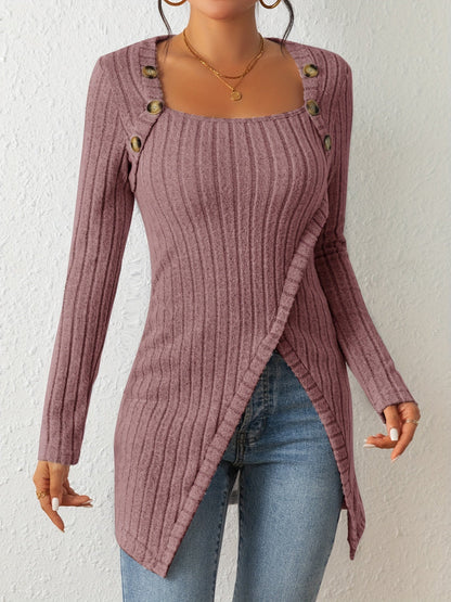 Ribbed Button Decor Asymmetrical Hem T-shirt Rd0210