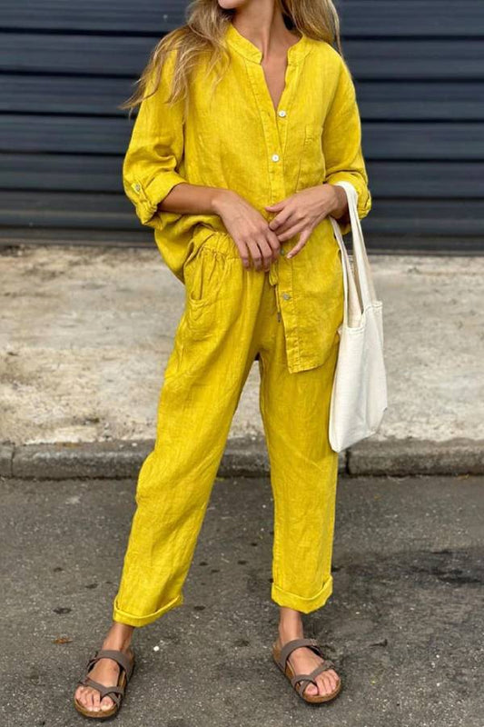 Color V-neck Shirt \u0026 Pants Cotton Linen Two-piece Set
