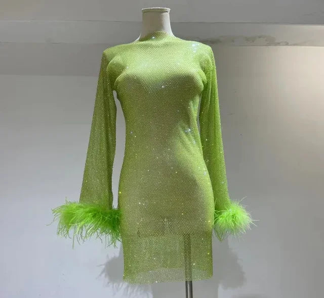 Weave Shiny Rhinestone Mini Dress See Through Cover-up Dresses Loose Club Dress