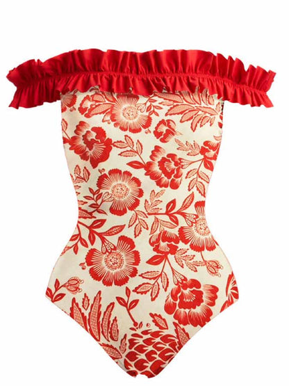 Printed Bandeau One-piece Swimsuit and Skirt