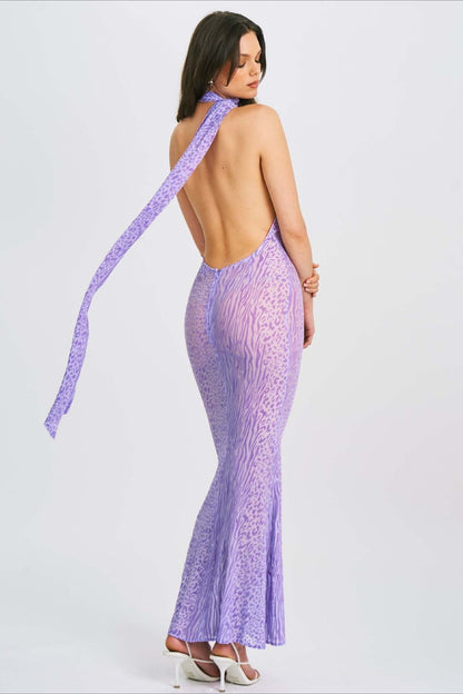 Mesh Halter Backless High Waist Bodycon Maxi Dress