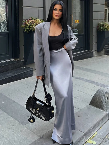 High Waist Long Skirt Slim Patchwork Y2k Maxi Skirt Autumn Satin Maxi Skirt
