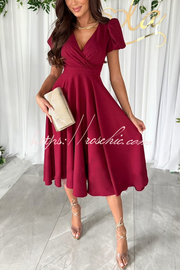 Zayla Color Puff Sleeve V-neck Waist Slim Fit Midi Dress