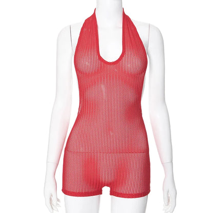 See Through Mesh Short Rompers Deep V Backless Sleeveless Jumpsuit Club Outfits Summer Clothes 202
