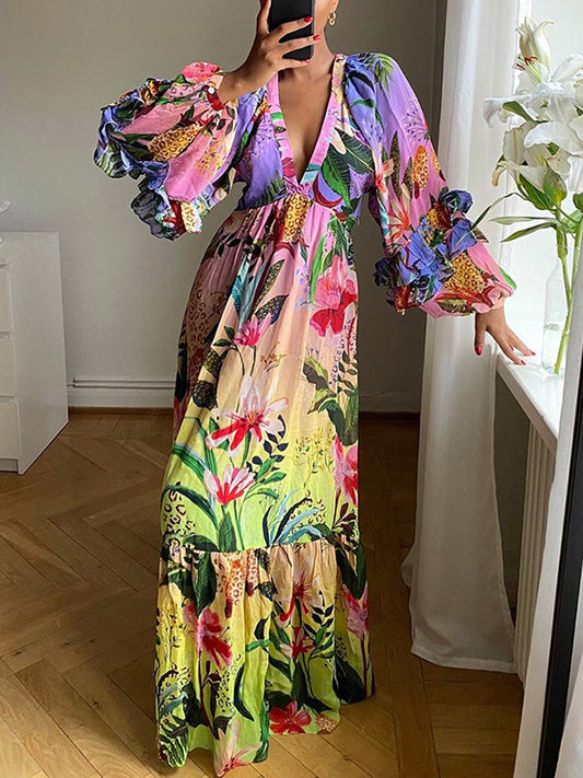 Bishop Sleeve High Waisted Flower Print Pleated Ruffled Split-joint Deep V-neck Maxi Dresses