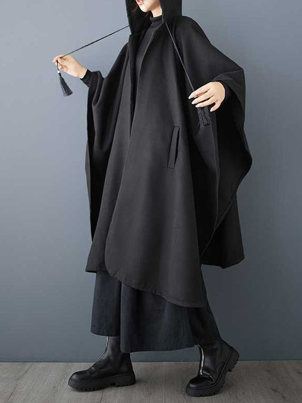 Stylish Black Hooded Drawstring Tasseled Pockets Zip-up Batwing Sleeve Trench Coat Tw007