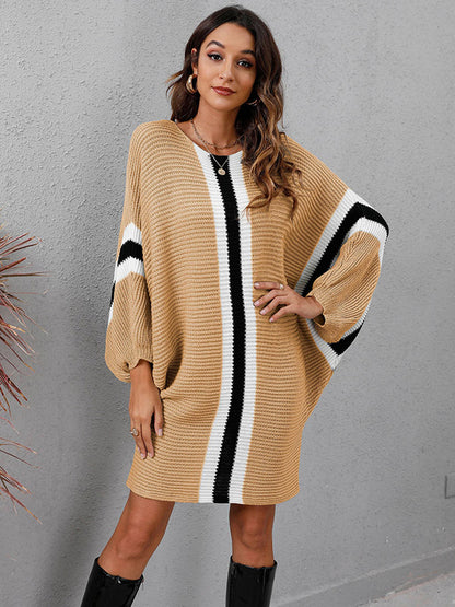Original Loose 4 Colors Striped Round-neck Batwing Long Sleeves Sweater Dress