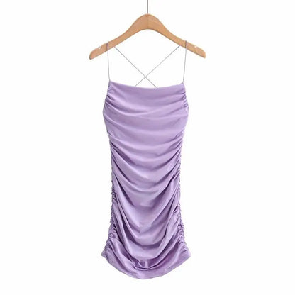 Summer Strap Cross Backless Skinny Mini Dresses Sleeveless Pleated Bottom Wrapped Hip Dress Bodycon Club
