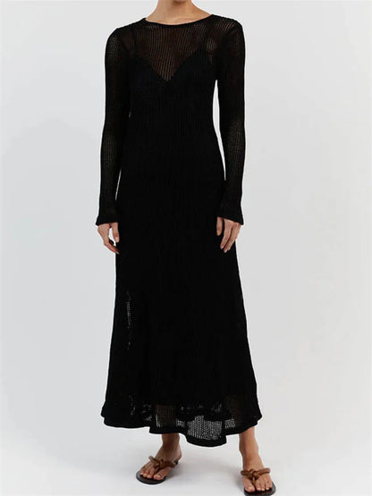 White Crochet Hollow Out Midi Dress for Long Sleeve Dress Beach Holiday See-through Summer Dress Cover-up