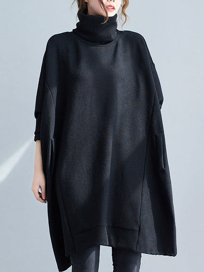 Loose Black Heaps Collar Pockets A-line Long Sleeve Sweater An1065