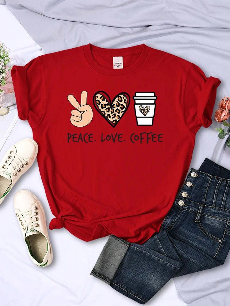 Peace Love Coffee Prints Tshirts Cotton T-shirts Brand Breathable Tees Shirts Street O-neck Tshirt for