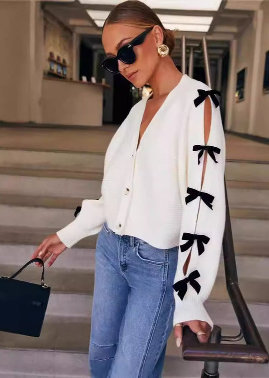 V-neck Knit Cardigan With Bow Accents