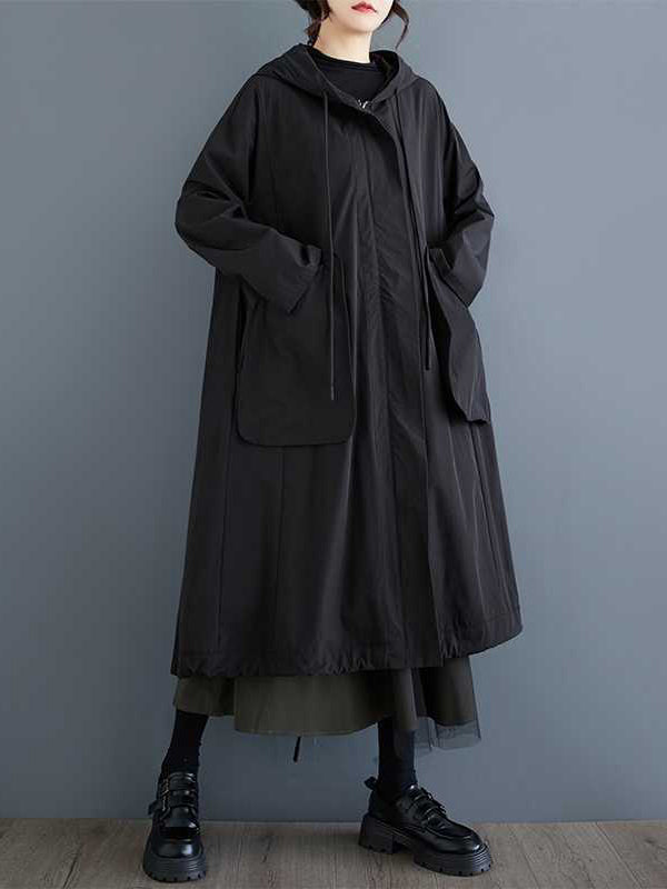 Balck Hooded Pockets Zip-up Drawstring Hem Long Sleeve Trench Coat Tw021
