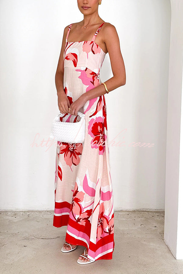 Print Strap Square Neck Large Hem Maxi Dress