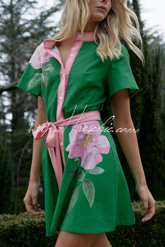 Print Short Sleeve Button Waist Mini Dress