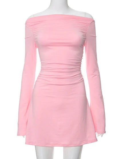 Julissa Mo Autumn Slash Neck Long Sleeve Ruched Pink Mini Dress for Slim Fit A-line Dress Party Clubwear