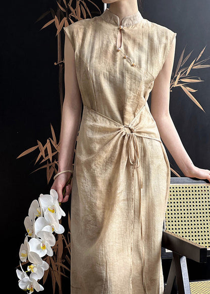 Khaki Drawstring Silk Cotton Long Dresses Stand Collar Sleeveless Af1031