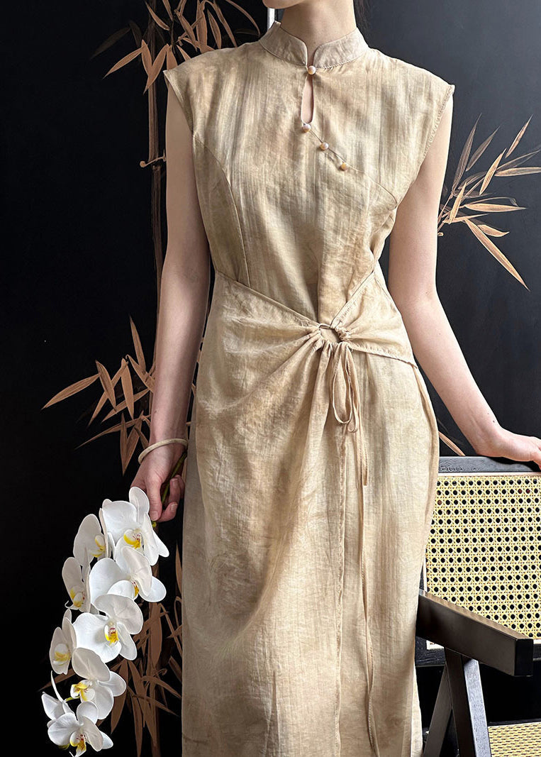 Khaki Drawstring Silk Cotton Long Dresses Stand Collar Sleeveless Af1031