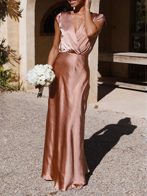 Loose Short Sleeves Pleated Color Split-joint V-neck Maxi Dresses