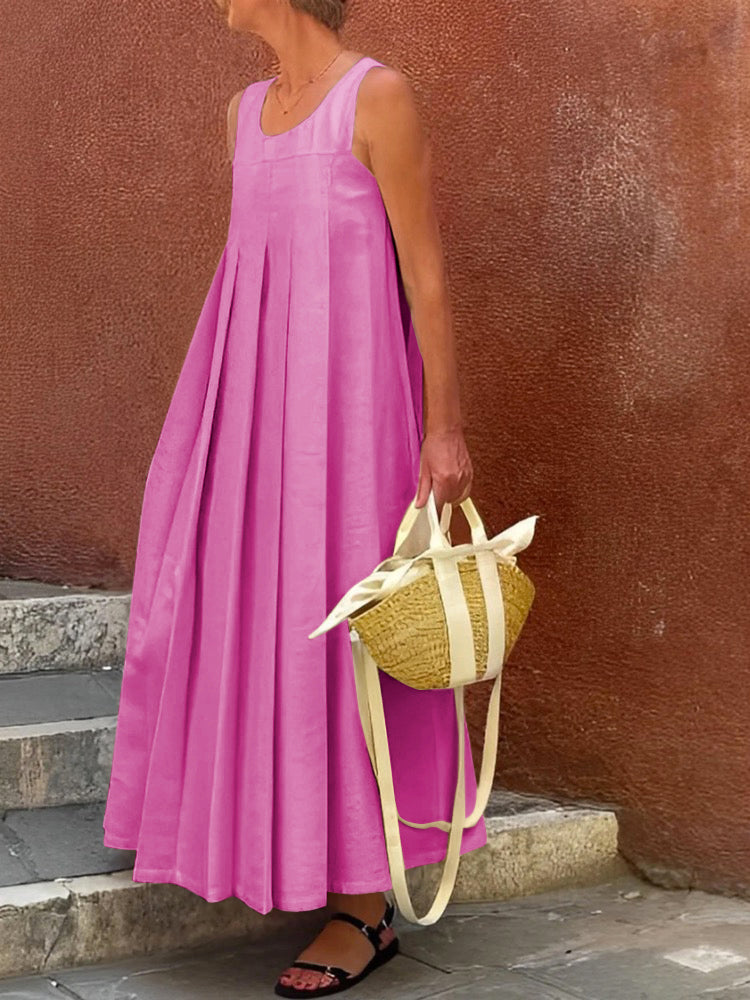 Loose Sleeveless Pleated Color Round-neck Maxi Dresses