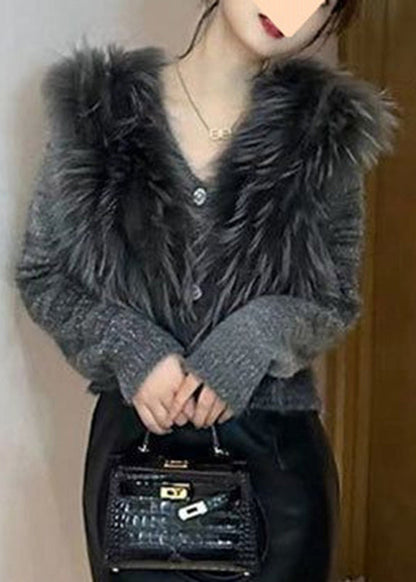 Art Grey V Neck Fur Collar Cotton Knit Sweater Winter Wv027