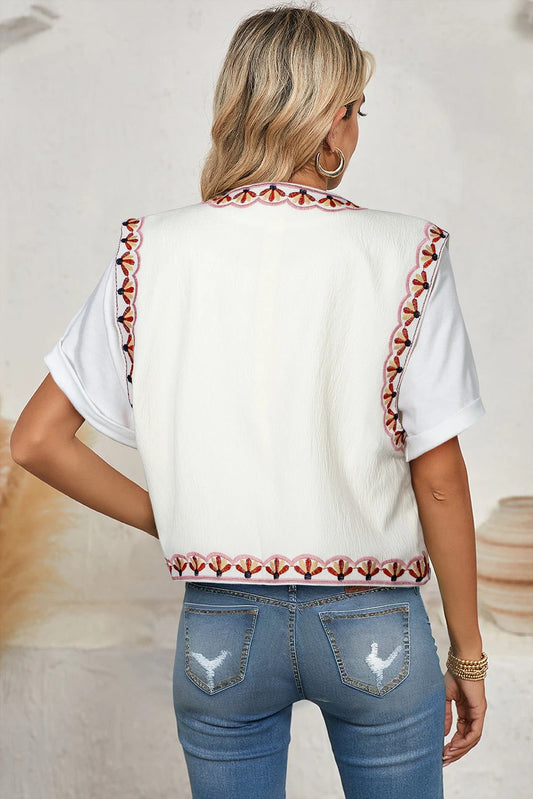 White Embroidered Cardigan Vest
