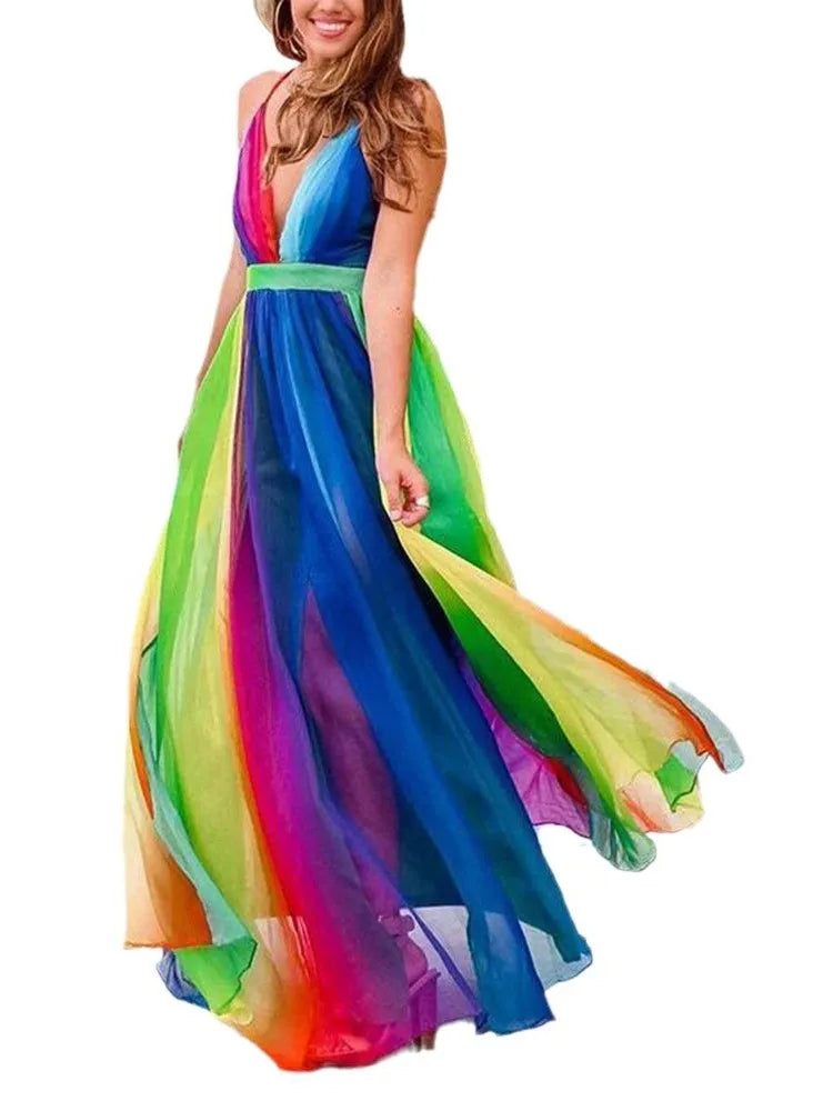 Rainbow Chiffon Spaghetti Strap Dresses Deep V-neck Backless Long Dress Evening Party Vestidos
