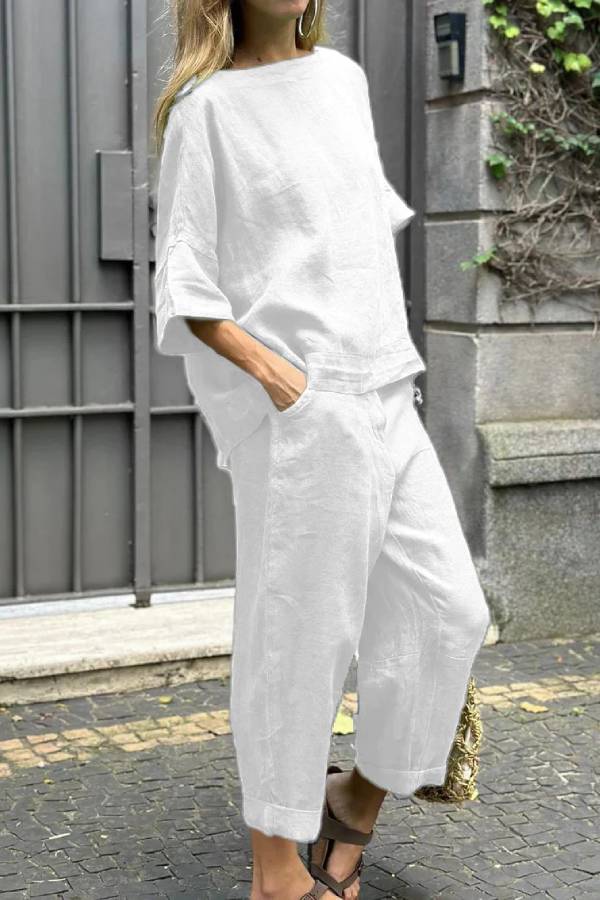 Color Crewneck Top \u0026 Pants Cotton Linen Two-piece Set
