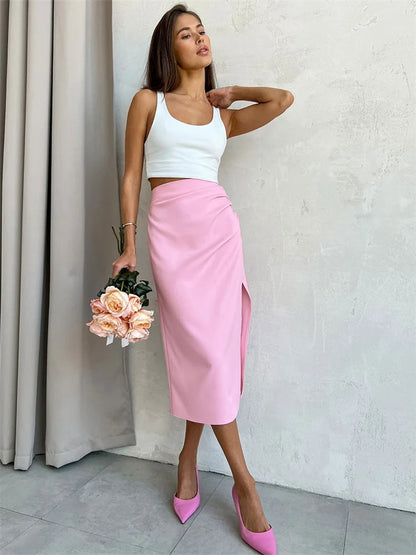 Pink Summer Long Skirt for Y2k Outfits Side Split Pleated High Waist Skirt Maxi Skirt
