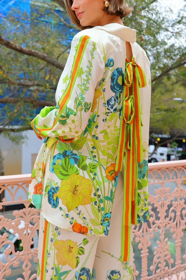 Satin Print Back Tie-up Button Down Oversized Blouse