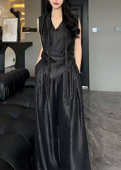 White V Neck Asymmetrical Silk Top and Pants Two Pieces Set Summer An1004
