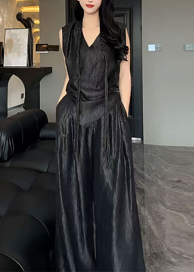 White V Neck Asymmetrical Silk Top and Pants Two Pieces Set Summer An1004