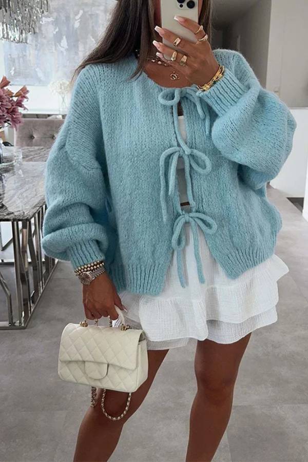 Stylish Color Crew Neck Lace-up Sweater
