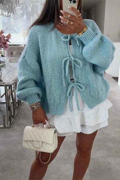 Stylish Color Crew Neck Lace-up Sweater