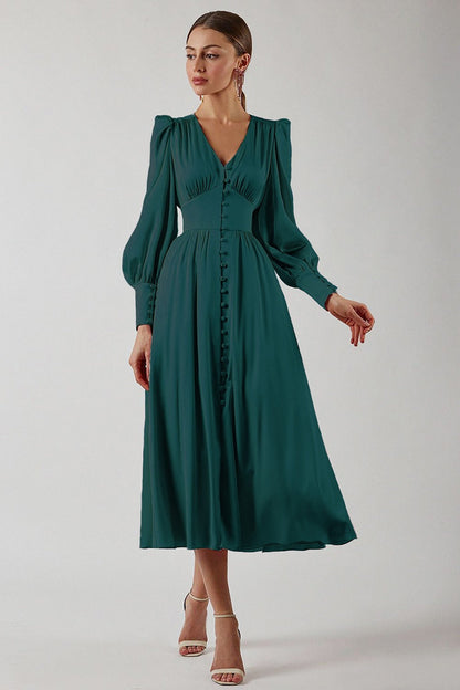 Satin Puff Sleeve Tailored Midi Dress
