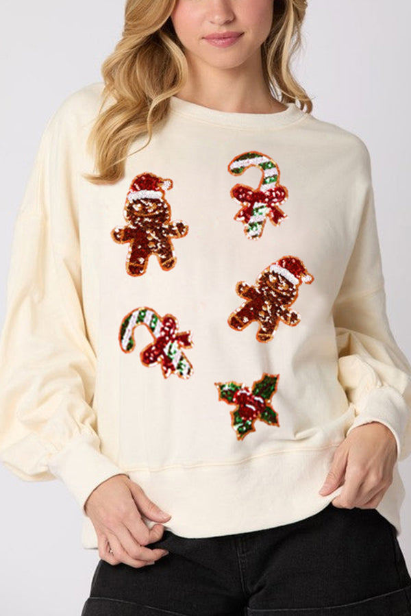 Christmas Gingerbread Man Sequin Long Sleeve Sweatshirt