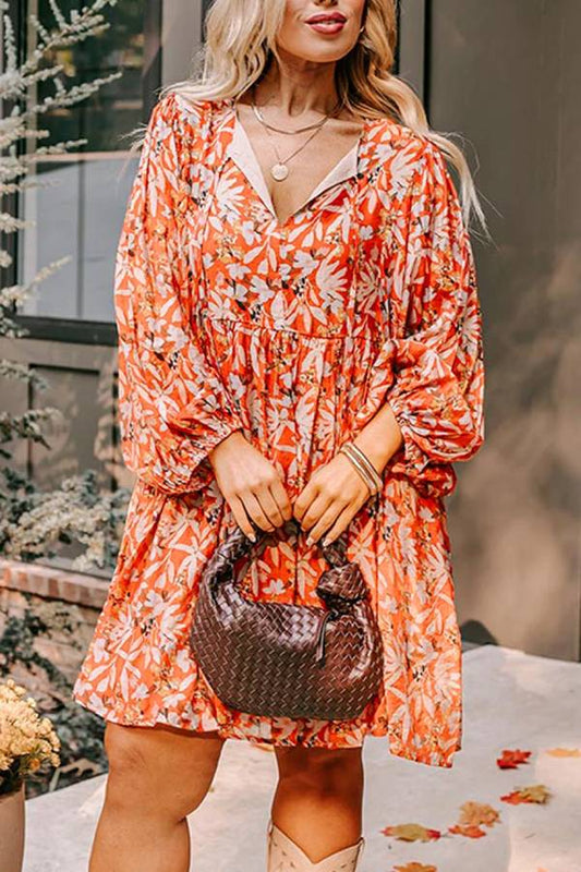 Orange Print Split V Neck Bubble Sleeve Midi Dress
